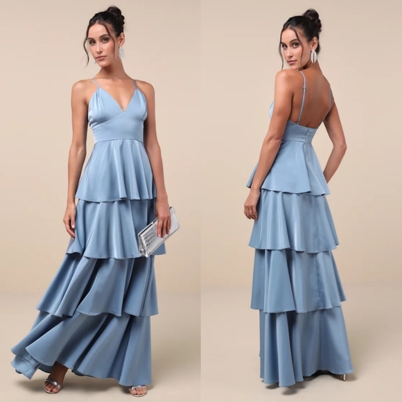 Lulus Going with Elegance Slate Blue Satin Tiered Gown Wedding Party Prom Formal - Picture 1 of 8